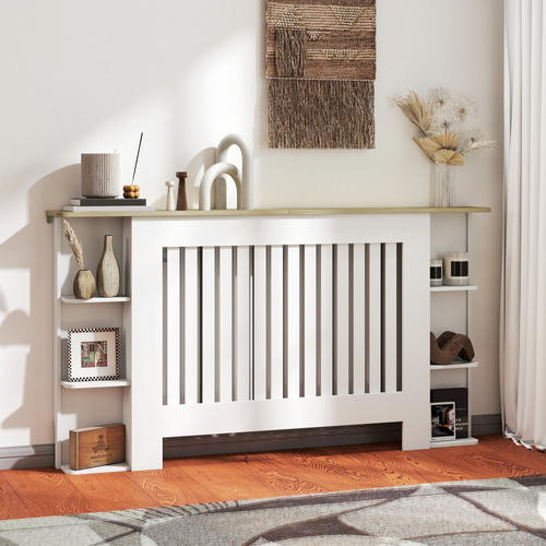 HOMCOM Radiator Cover with Open Storage Shelves, Vertical Slatted Cabinet Shelf Heater Cover for Living Room, Hallway, Large, White (H: 83 / W: 152 / D: 19 cm)