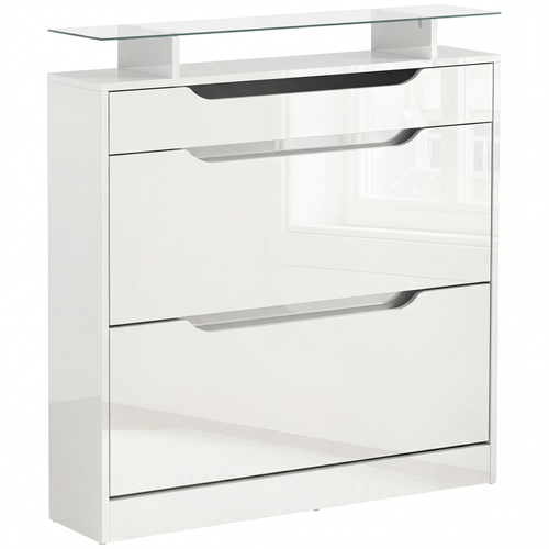 HOMCOM Shoe Storage Cabinet with Slide Out Drawer, 2 Flip Doors, Tempered Glass Top - White