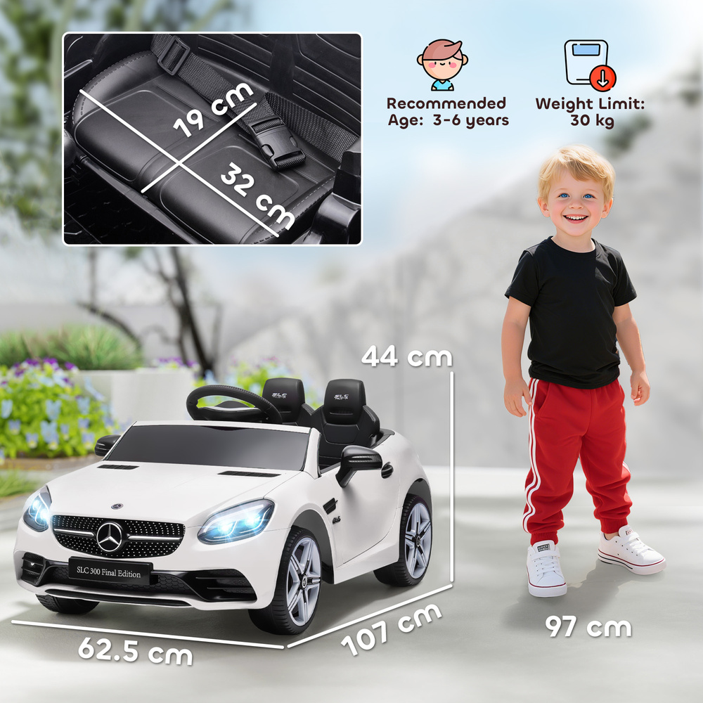 HOMCOM Benz SLC 300 Licensed 12V Kids Electric Ride On, with Music, Remote Control, LED Headlights, Horn, White