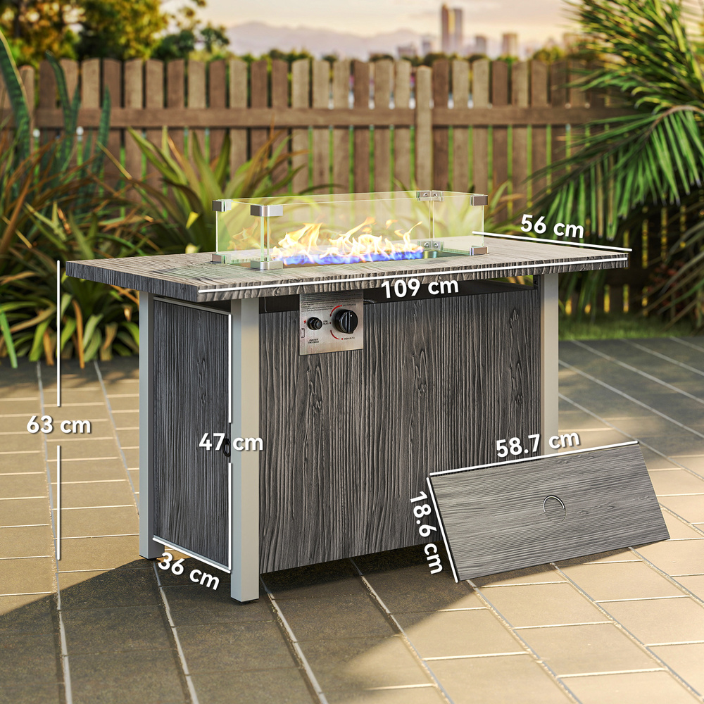 Outsunny 50,000 BTU Gas Fire Pit Table with Cover and Glass Screen - Dark Grey