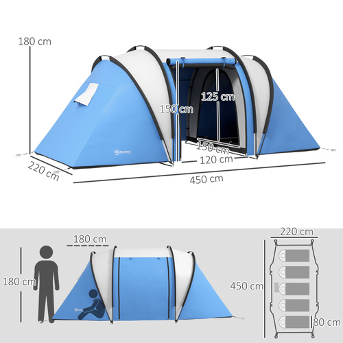 Outsunny Two-Man Tent, with Bedrooms, Living Room and Canopy - Blue