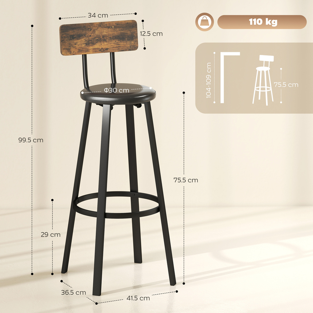 HOMCOM Set of Two Industrial-Style Bar Stools - Brown/Black