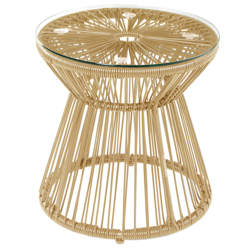 Outsunny Round End Table, Rattan Side Table, Hollow Drum Design Coffee Table w/ Glass Tabletop for Patio, Garden, Balcony Natural