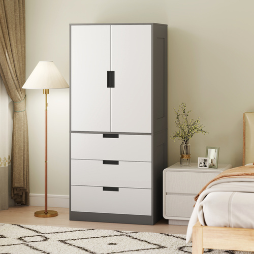 HOMCOM 2 Door Wardrobe, Modern Wardrobe with 3 Drawers and Hanging Rod for Bedroom, Grey