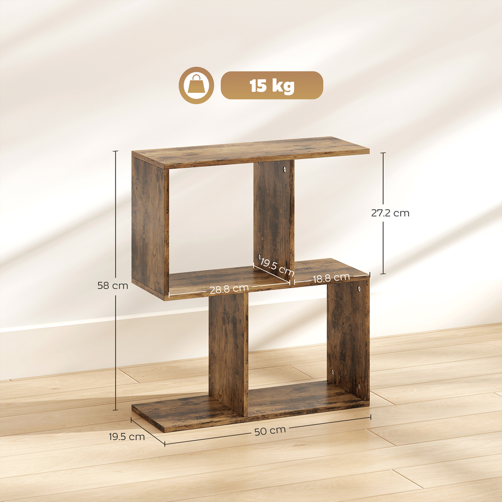 HOMCOM Side Table, Narrow End Table with Storage Shelves, S-Shaped, 3-Tier, 50W x 19.5D x 58H cm, Rustic Brown