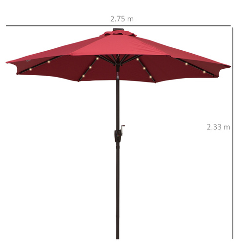 Outsunny Φ2.7m Garden 24 LED Light Parasol Solar Outdoor Tilt Sun Umbrella Patio Club Party Event Manual Sun Shade w/ Hand Crank and 8 Ribs, Red
