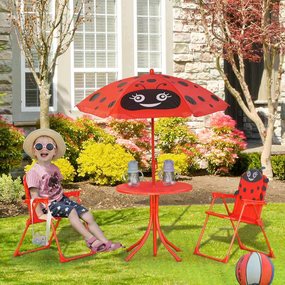 Outsunny Kids Folding Picnic Table Chair Set w/ Parasol, Red