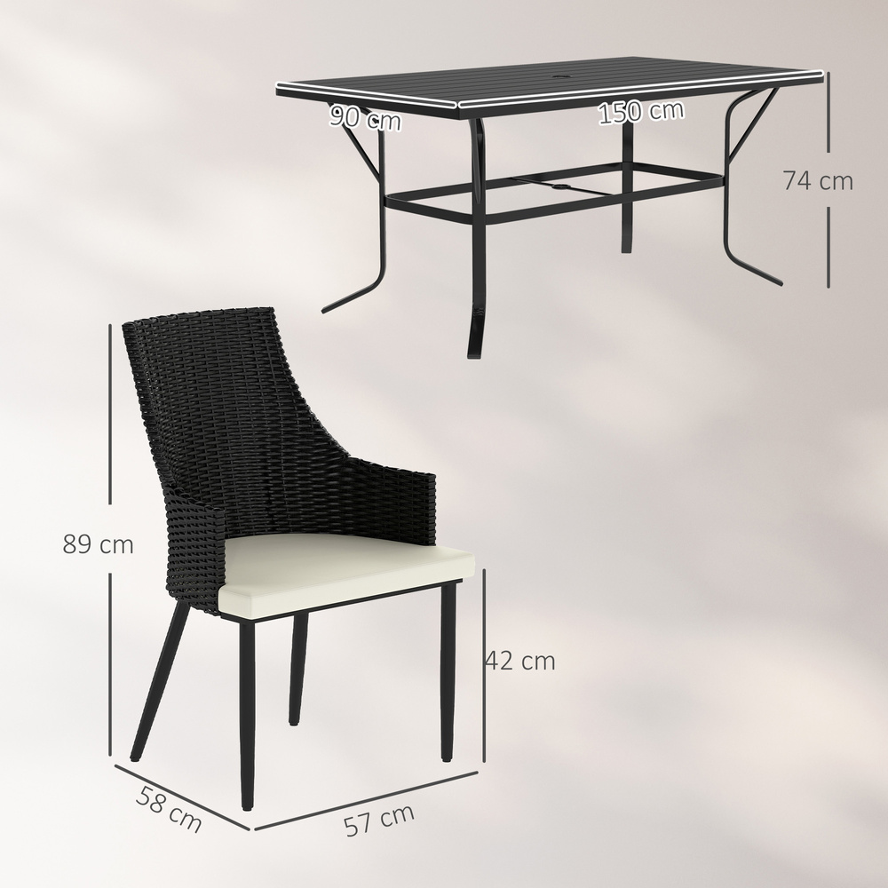 Outsunny 6 Seater Rattan Dining Set with Cushions, Garden Furniture Set with Armchairs, Rectangle Slatted Table Top, Steel Frame, Parasol Hole, Wicker Outdoor Furniture for Patio, Balcony, Cream White