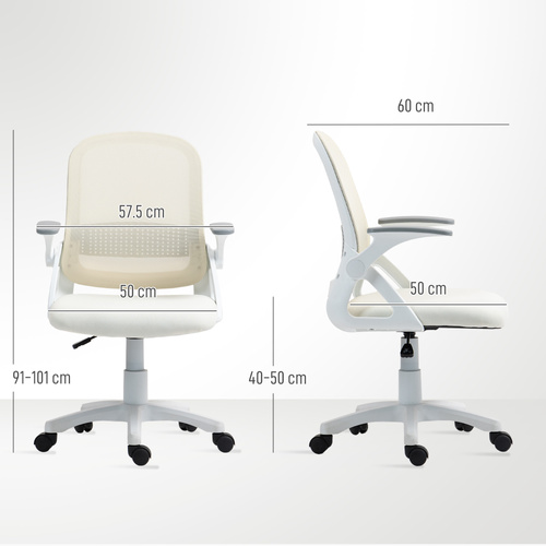 HOMCOM Breathable Mesh Office Chair, Ergonomic Swivel Computer Chair with Flip-up Armrests, Lumbar Back Support for Home/Office, White