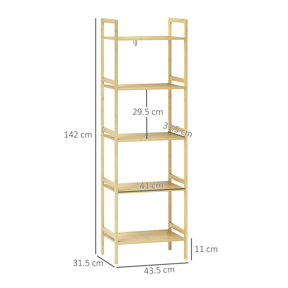 HOMCOM 5-Tier Bamboo Bathroom Storage Shelf, Freestanding Shelving Unit with Adjustable Rack for Kitchen Bathroom Living Room, Natural Wood Finish