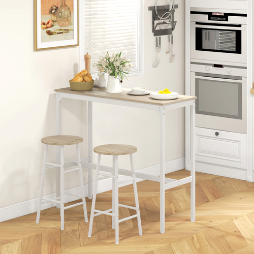 HOMCOM 3 Piece Bar Table Set with 2 Stools, Industrial Bar Table and Stool, Dining Table and Chair, Oak