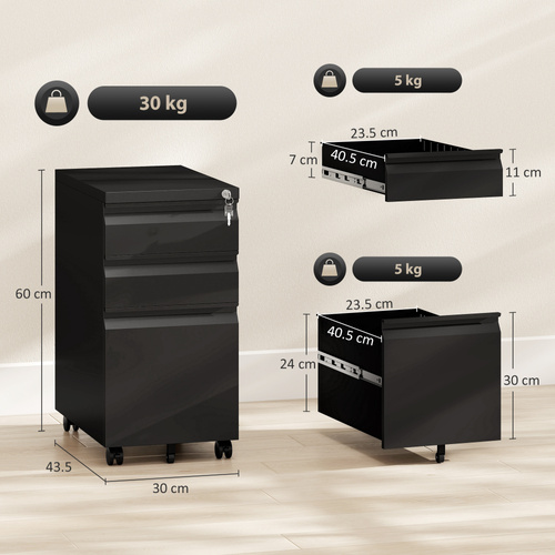 Vinsetto 3-Drawer Steel Filing Cabinet with Lock and Wheels - Black