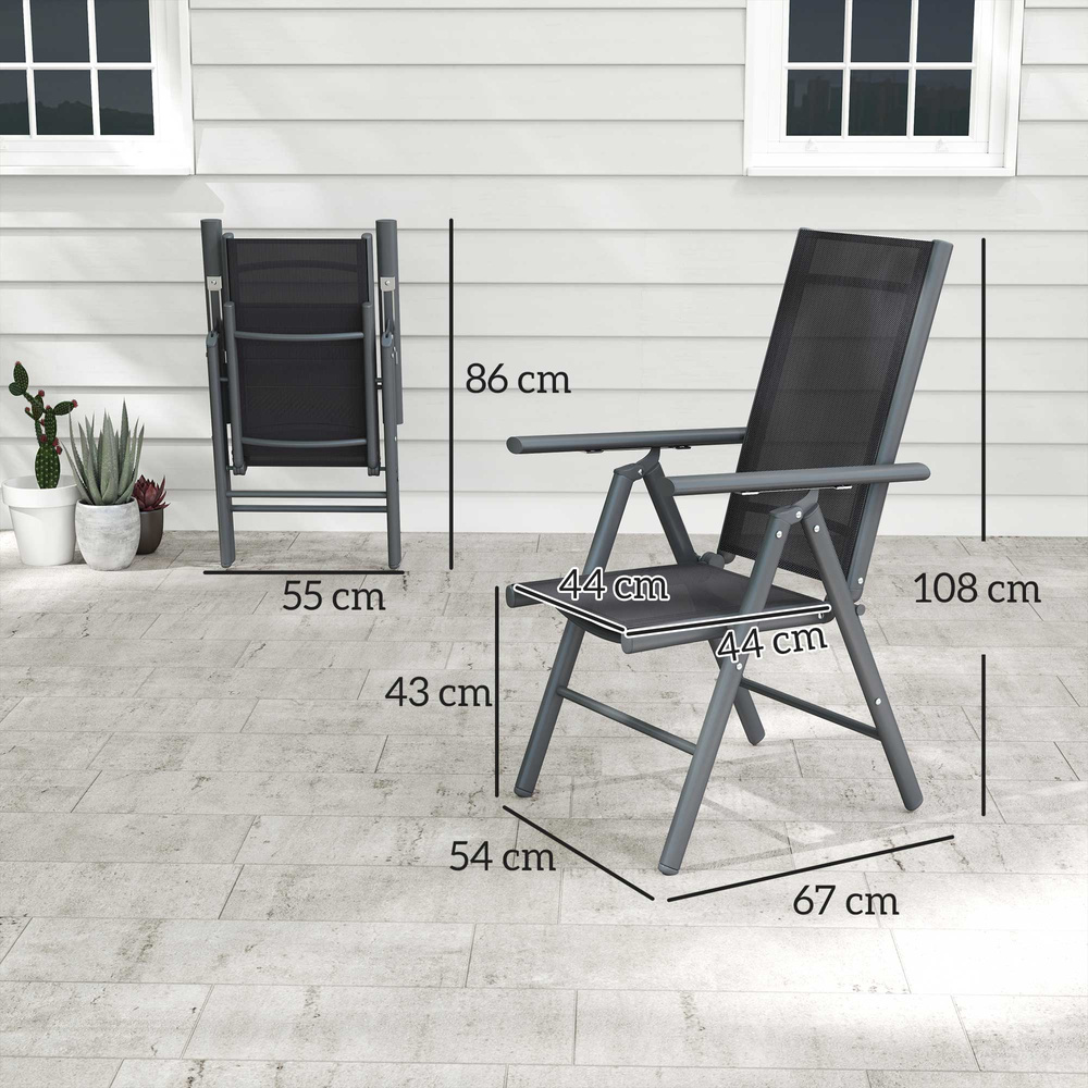 Outsunny Set of 2 Folding Garden Chairs, Aluminium Frame Outdoor Dining Chairs with Breathable Mesh Back and Seat, Garden Folding Chair Set with Armrests for Balcony, Dark Grey