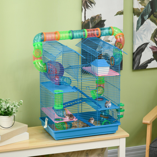 PawHut Hamster Cage, 5 Tier Carrier Habitat with Exercise Wheels Tunnel Tube Water Bottle Dishes House Ladder, Gerbil Cage for Dwarf Mice, Blue