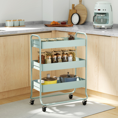 HOMCOM 3-Tier Storage Trolley on Wheels, Rolling Utility Cart with Mesh Backets for Kitchen, Bathroom, Bedroom, Light Green