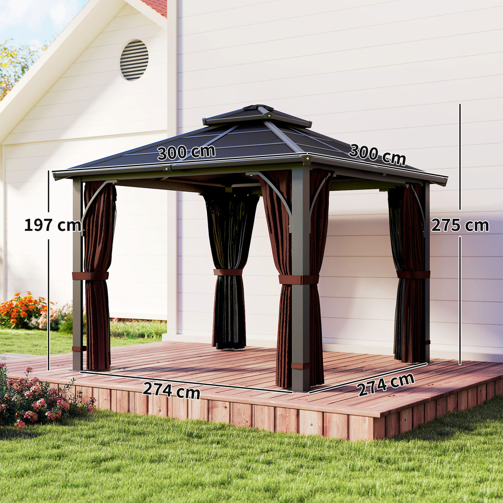 Outsunny 3 x 3(m) Hardtop Gazebo Canopy with 7mm Polycarbonate Double-Tier Roof, Garden Gazebo Permanent Pavilion with Mosquito Netting and Curtains for Patio, Deck, Brown