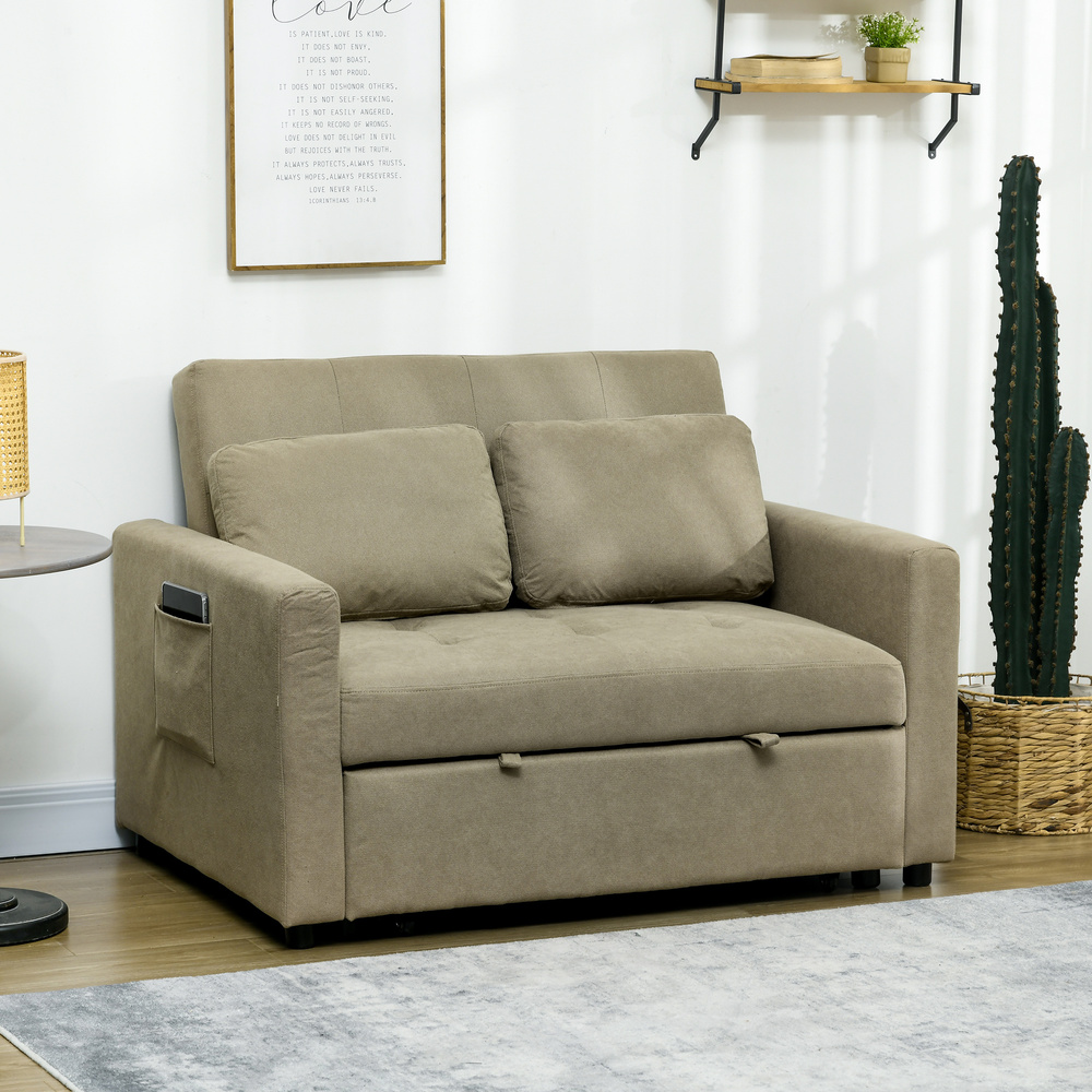 HOMCOM Loveseat Sofa Bed, Convertible Bed Settee with 2 Pillows, Side Pockets, Light Brown