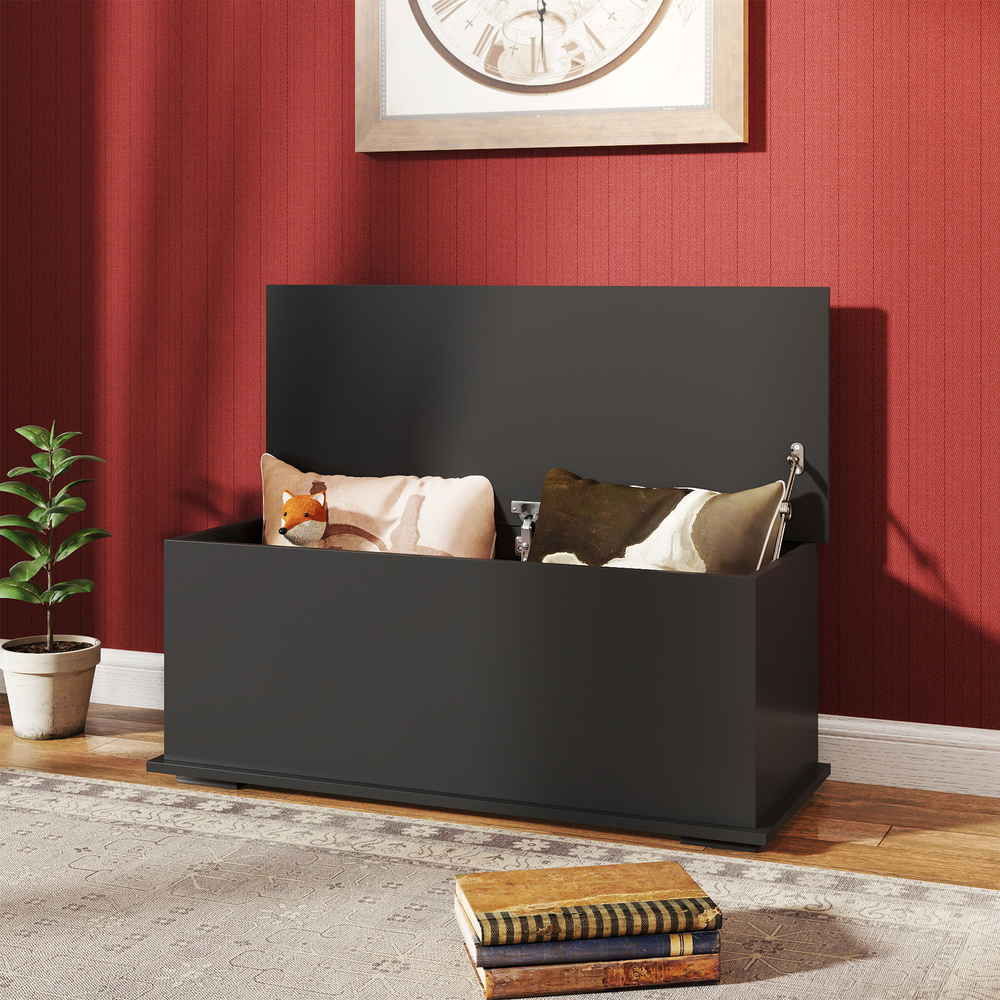 HOMCOM 113L Storage Chest, Storage Box with Flip-Top Lid and 2 Safety Hinges, Storage Trunk for Living Room, Entryway, 100 x 40 x 40 cm, Black