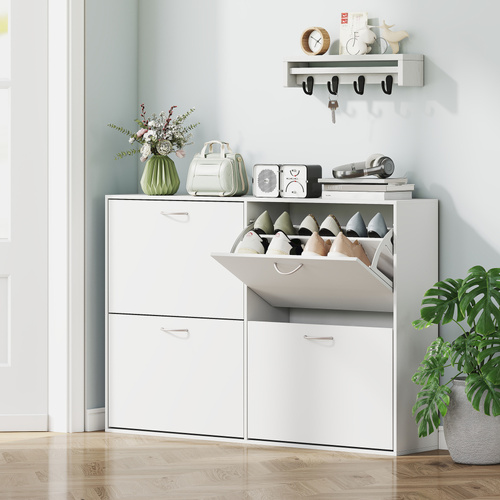 HOMCOM Wooden Modern Design 4 Drawer Shoes Cabinet Pull Down Shelf Storage Organiser - White