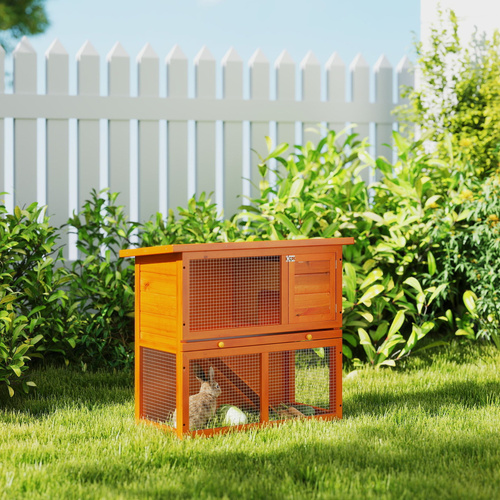 PawHut Two-Tier Rabbit Hutch, Wooden Outdoor Pet Cage, with Opening Top