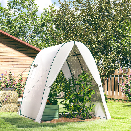 Outsunny Polytunnel Greenhouse with Sandbags, Walk-In Tunnel Green House with 2 Doors and Screen Windows, 1.8 x 1.8 x 2m, White
