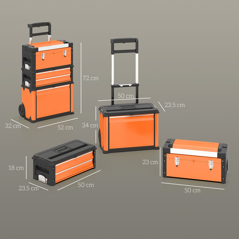 HOMCOM 3-in-1 Stackable Rolling Tool Box - Orange