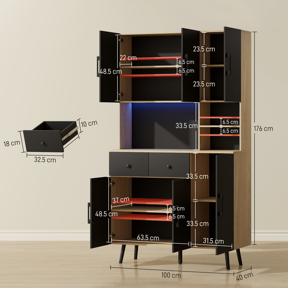 HOMCOM 176 cm Kitchen Cupboard with LED Lights - Oak and Black