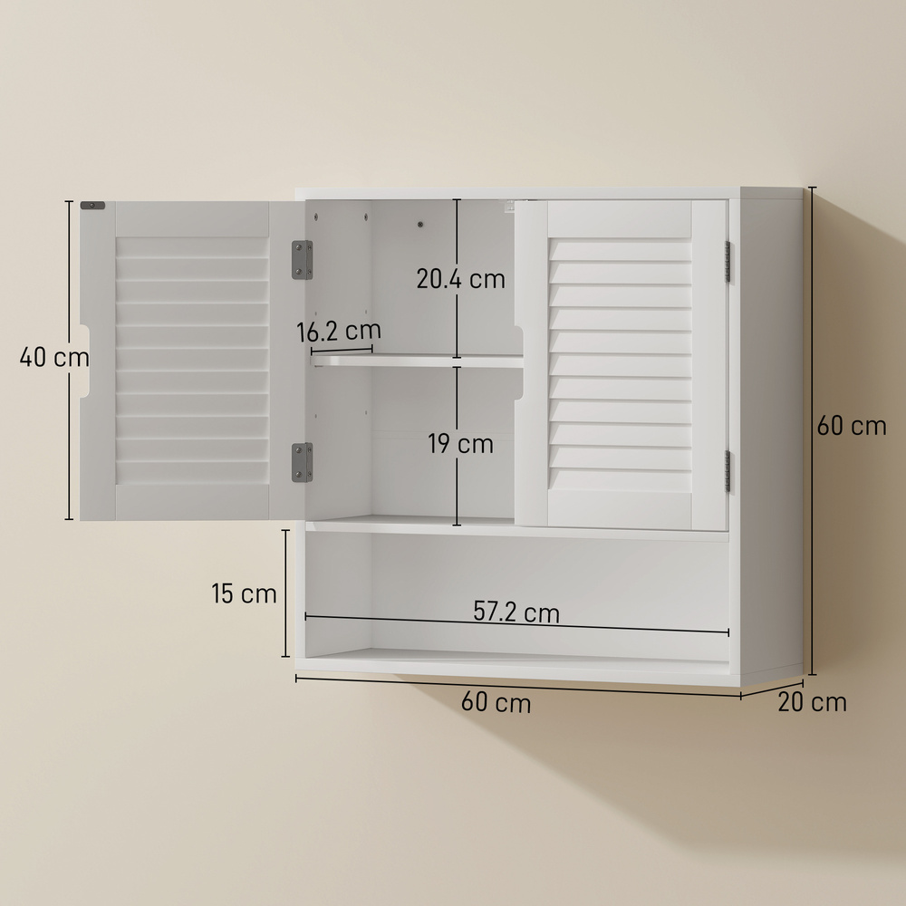 HOMCOM Bathroom Cabinet, Wall Mounted Storage Cabinet with Adjustable Shelves, 60 x 20 x 60 cm, White