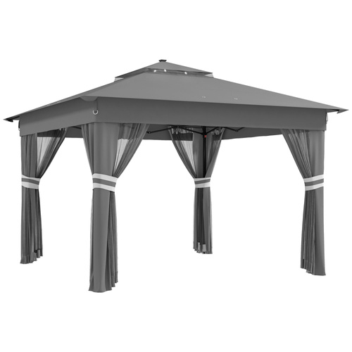 Outsunny 3.36 x 3.36m Pop Up Gazebo Party Tent with Solar-Powered LED Lights, Adjustable Event Shelter with Netting, Grey