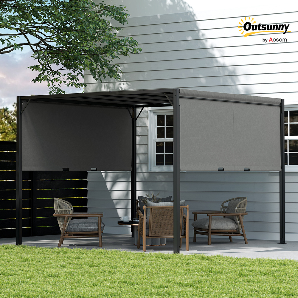 Outsunny 3 X 3 Meters Pergola with Sliding Roof, Garden Gazebo with Adjustable Sun Shade Canopy and Steel Frame, Charcoal Grey