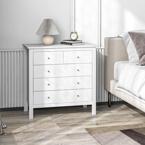 HOMCOM 5 Drawer Dresser for Bedroom, Modern Chest of Drawers, Wide Storage Unit for Living Room, Hallway, Closet, White