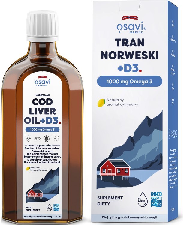 Osavi Norwegian Cod Liver Oil + D3 1000mg Omega 3 Wspomaga Pracę Serca i Mózgu Wspiera Układ Odpornościowy i Prawidłowe Widzenie Lemon 250ml