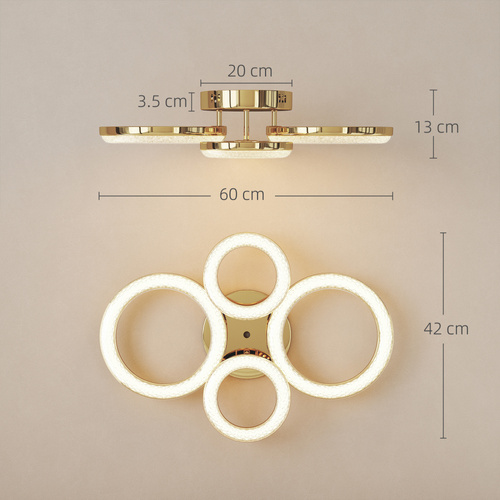 HOMCOM LED Ceiling Light, Modern 4 Rings Ceiling Lamp with Wall Switch Control, 40W 4350lm Flush Mount Ceiling Light with 3500K/4500K/6000K Colour Temperatures for Living Room, Bedroom, Gold Tone