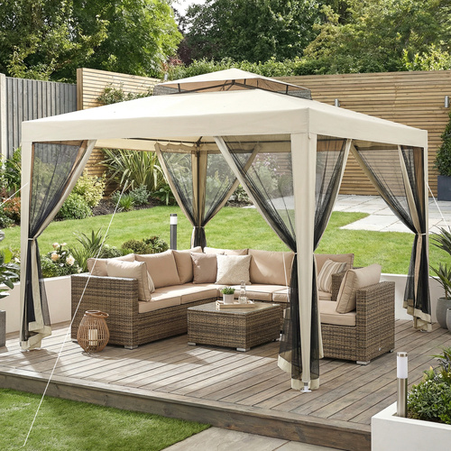 Outsunny 3 x 3 m Gazebo, Netting Party Tent, Patio Canopy Outdoor Event Shelter with Double Tier Roof, Beige