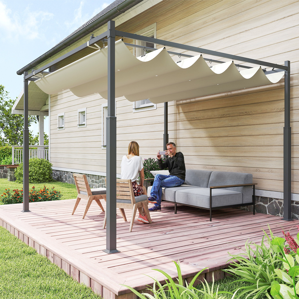 Outsunny 3 x 3(m) Metal Pergola with Retractable Roof and Magnetic Fixture, Outdoor Gazebo Garden Pergola Kit Sun Shade Canopy, UPF30+, 80mm Metal Column, Cream White