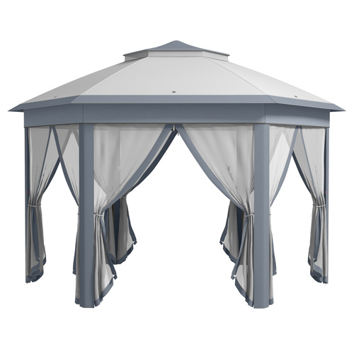 Outsunny 3 x 4m Metal Frame Hexagon Gazebo, with Curtains - Grey