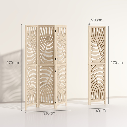 HOMCOM 3 Panel Room Divider, Detachable Folding Privacy Screens with Palm Leaf Design for Home Office, Natural Wood Finish