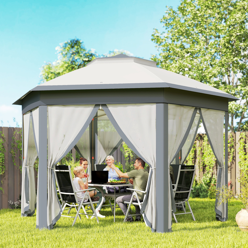 Outsunny 3 x 4m Metal Frame Hexagon Gazebo, with Curtains - Grey