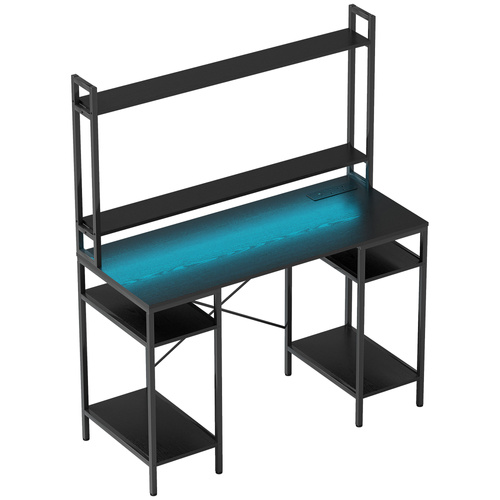 HOMCOM Computer Desk with Power Outlets and LED Lights, Home Office Desk with Monitor Stand, 2 CPU Stands and Storage Shelves, Study Table Gaming Desk with Hutch, Black