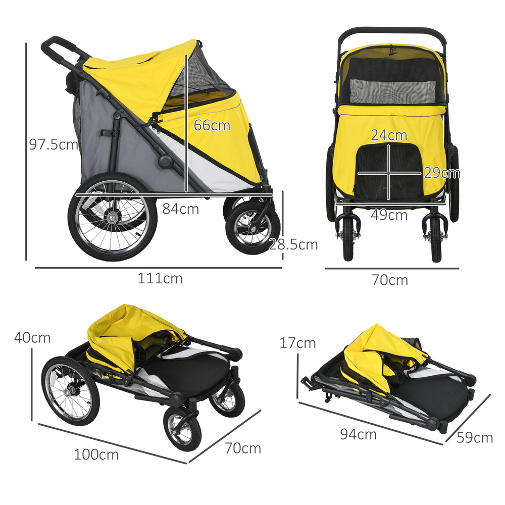 PawHut Foldable Pet Stroller, with Washable Cushion, Storage Bags, Safety Leash, for Medium, Large Dogs, Cats - Yellow
