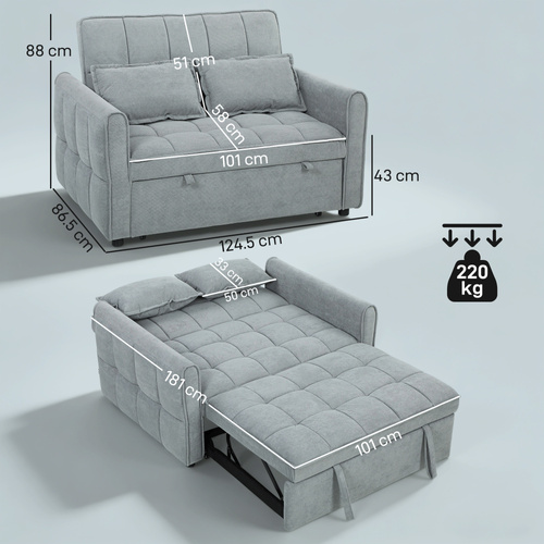 HOMCOM 2 Seater Sofa Bed, 3-in-1 Convertible Sleeper Sofa with Click-clack Adjustable Backrest and 2 Pillows, Grey