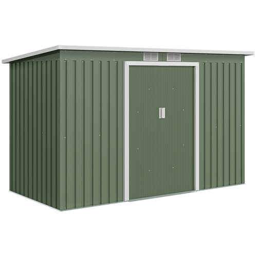 Outsunny 9ft x 4ft Metal Garden Shed, Outdoor Tool House with Foundation Kit, Ventilations and Double Doors, Light Green