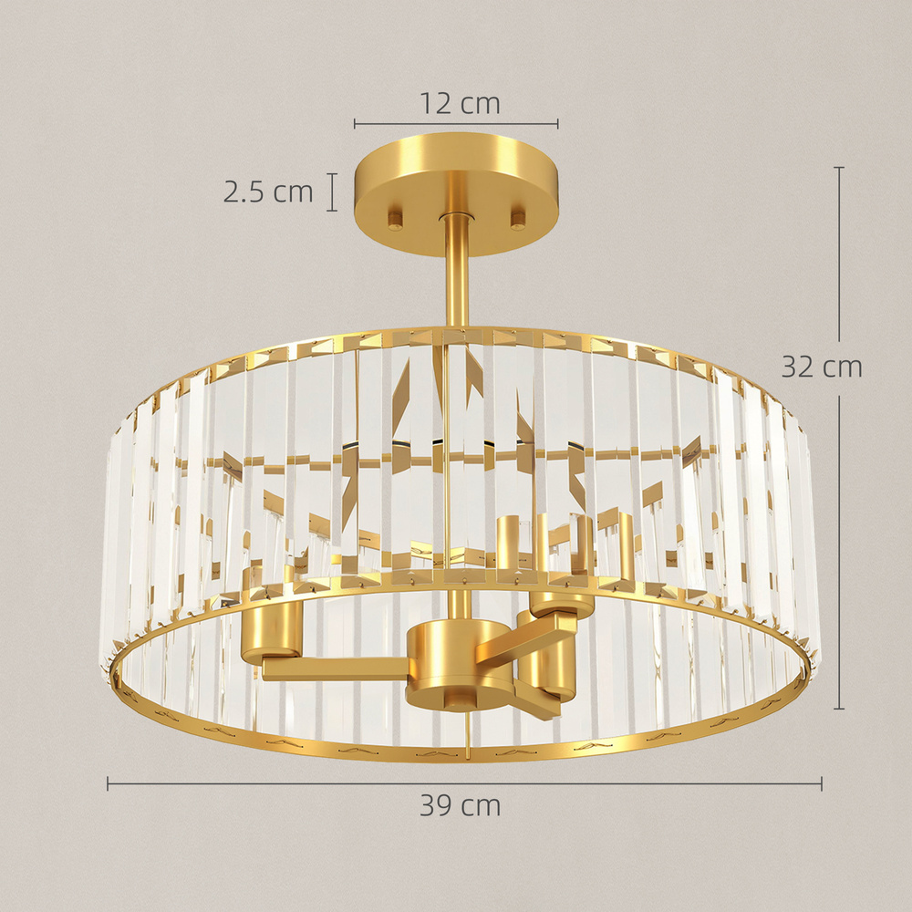 HOMCOM Crystal Ceiling Light Fixture, Semi Flush Mount Modern Crystal Chandelier Ceiling Light for Living Room, Bedroom, Hallway, Dining Room, E14 Base 3-Lights, Bulbs Not Included, Gold Tone