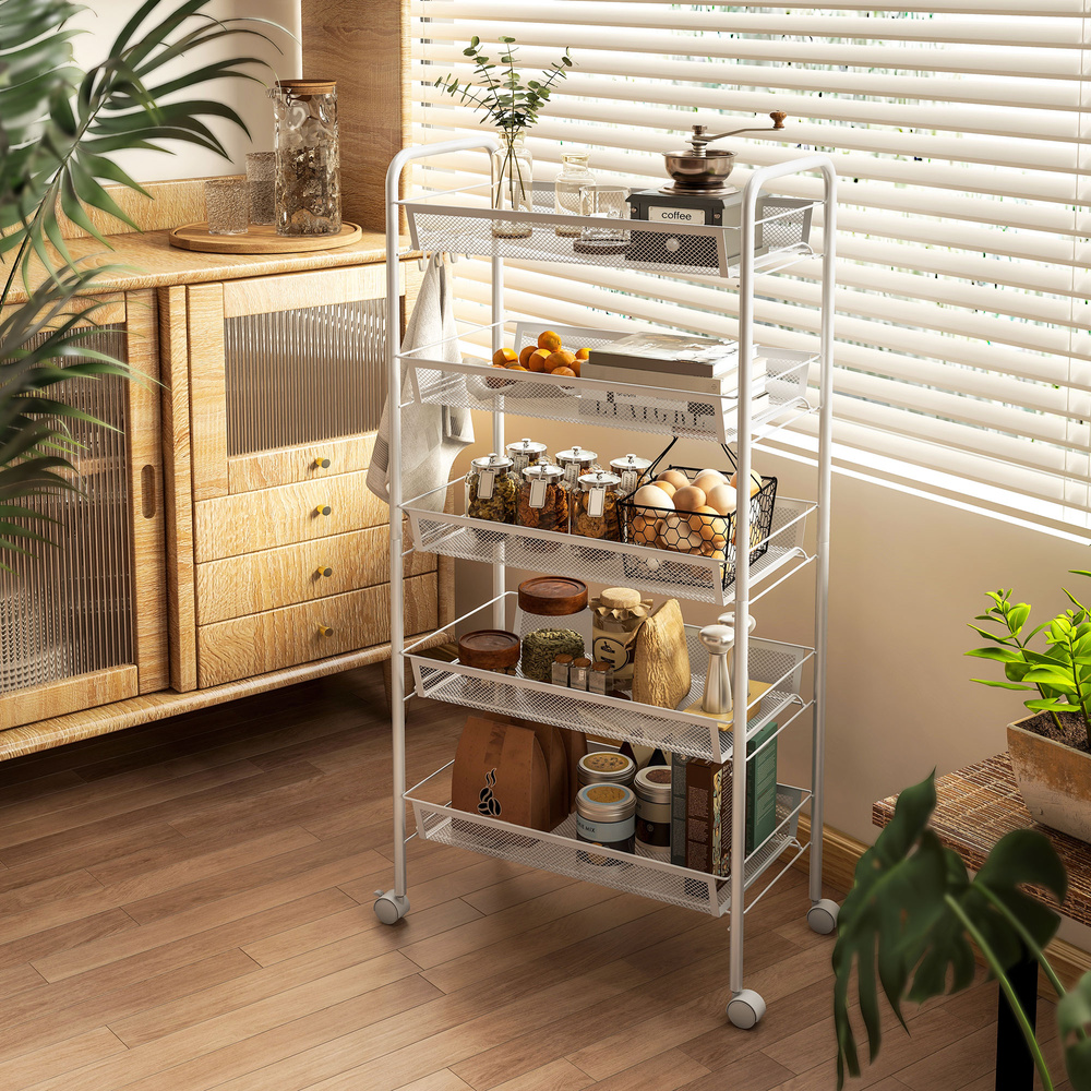 HOMCOM Five-Steel Mesh Basket Storage Trolley, with Wheels - White