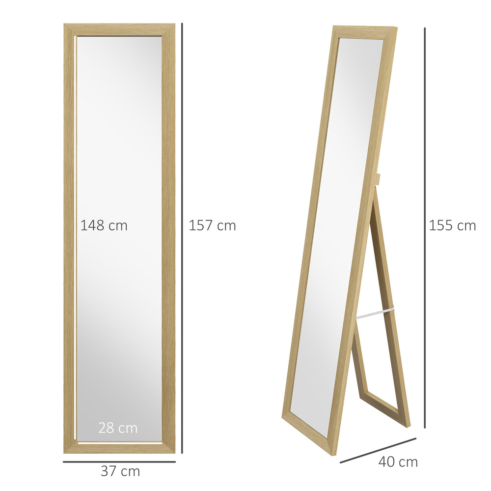 HOMCOM Full Length Mirror, 37 x 157 cm, Hanging or Freestanding, Rectangular Glass Full Body Mirror with Frame for Living Room, Bedroom, Cloakroom, Natural