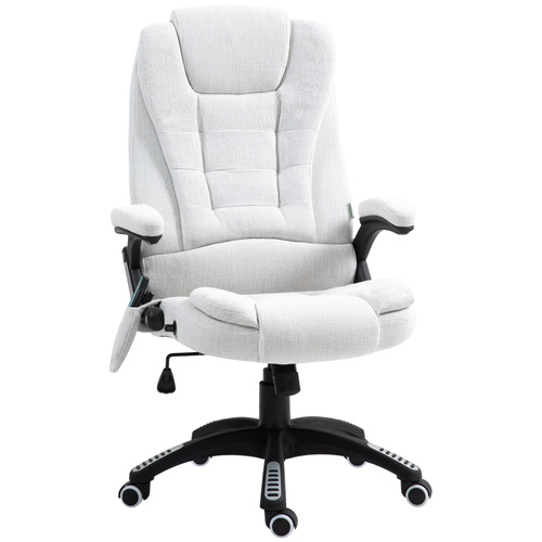 Vinsetto Massage Recliner Chair Heated Office Chair with Six Massage Points Linen-Feel Fabric 360° Swivel Wheels Cream White