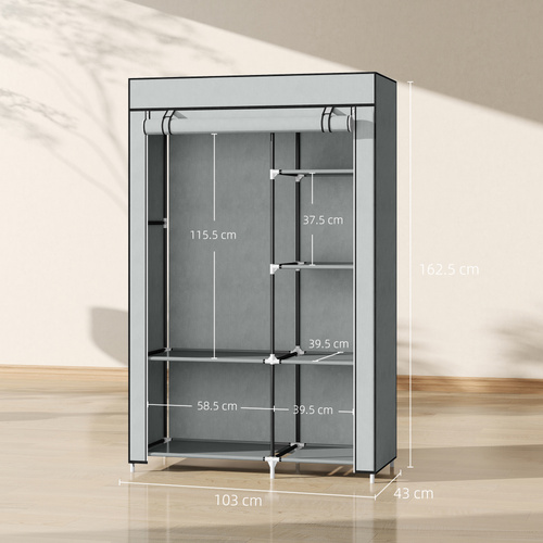 HOMCOM Fabric Wardrobe, Portable Wardrobe with 6 Shelves, 1 Hanging Rail, Foldable Closets, 103 x 43 x 162.5 cm, Light Grey