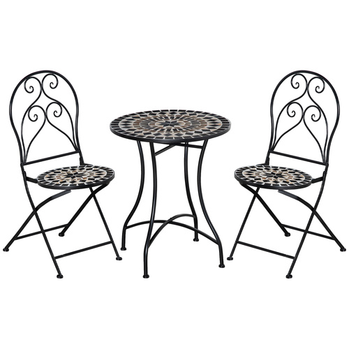 Outsunny 3 Pieces Garden Bistro Set with Coffee Table and 2 Folding Single Chairs, Mosaic Garden Table Top and Seats, Metal Frame, for Patio Balcony, Black