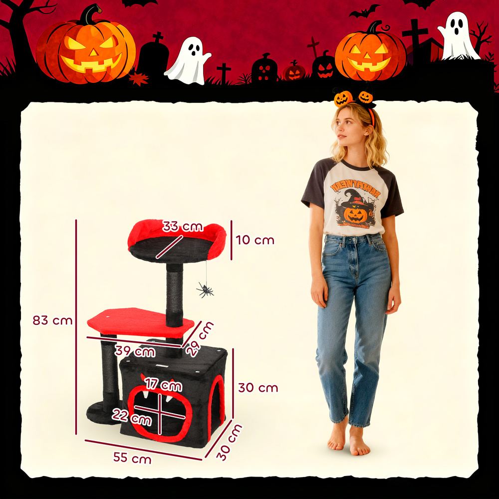 PawHut Cat Tree, Gothic Cat Tower with Scratching Posts, Cute Condo, Coffin Platform, Bed and Spider Toy, Halloween