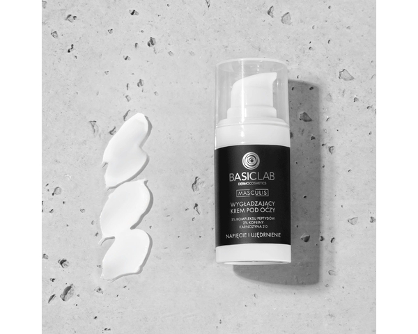 BasicLab Masculis Wygładzajacy Krem pod Oczy 5% Kompleksu Peptydów 2% Kofeiny 2.0 Karnozyna Napięcie i Ujędrnienie dla Mężczyzn na Dzień i na Noc 15ml